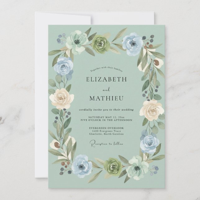 Invitación Boda Romántica de Peonía Celadón (Anverso)