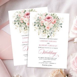 Invitación Boda Romántica de Peonías con Verde y Dorado
