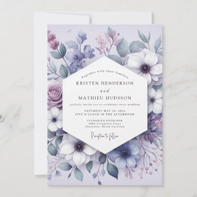 Invitación Boda Romántica de Pradera Floral Lila (Anverso)
