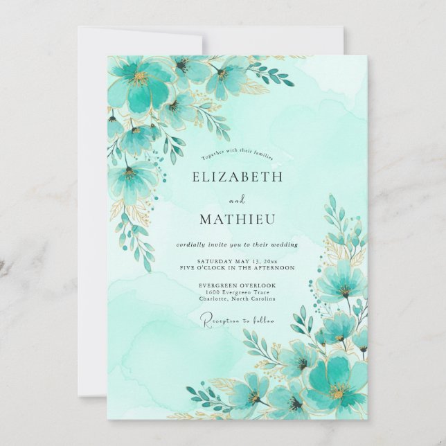 Invitación Boda Romántica de Primavera Aqua (Anverso)