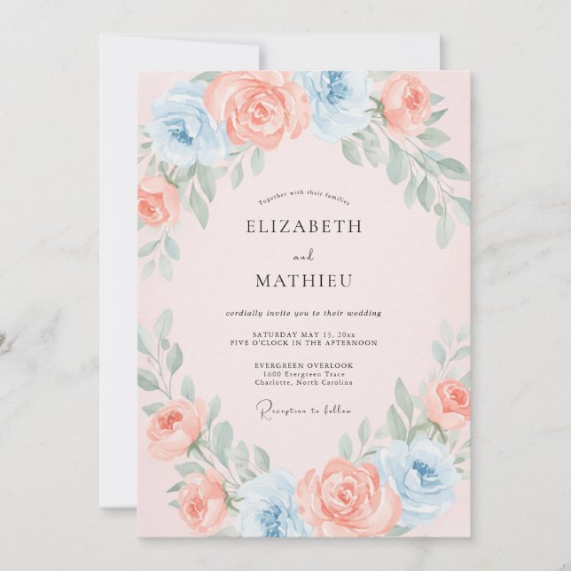 Invitación Boda Romántica de Primavera Azul Rubor (Anverso)