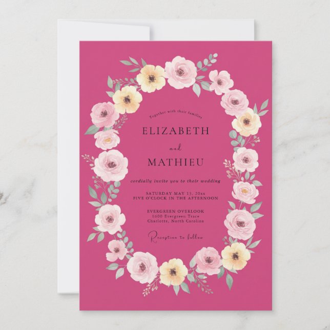 Invitación Boda romántica de primavera con flores magenta (Anverso)