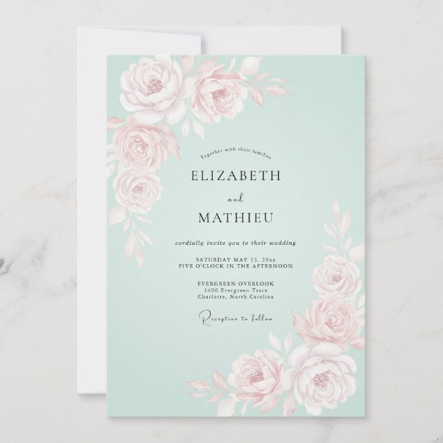 Invitación Boda Romántica de Primavera con Rosa Menta (Anverso)