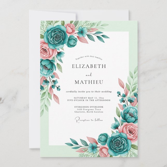 Invitación Boda Romántica de Primavera con Toque Teal (Anverso)