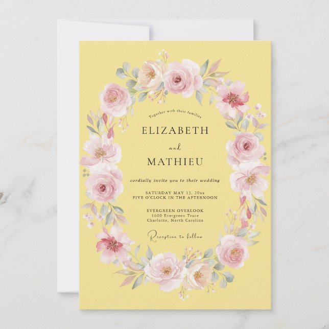 Invitación Boda Romántica de Primavera en Amarillo Pálido (Anverso)