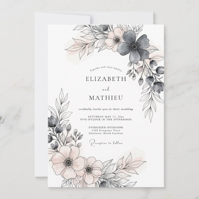 Invitación Boda Romántica de Primavera en Gris Carbón (Anverso)