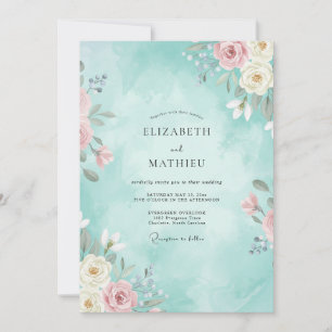 Invitación Boda Romántica de Primavera en Verde Azul