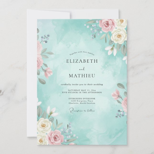 Invitación Boda Romántica de Primavera en Verde Azul (Anverso)