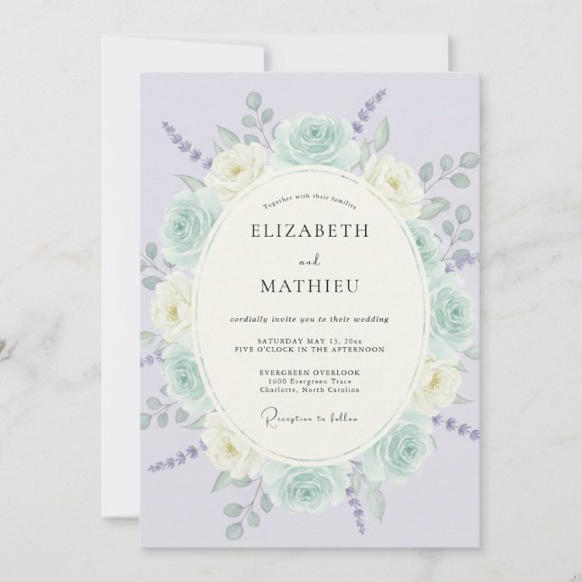 Invitación Boda Romántica de Primavera en Verde Menta (Anverso)