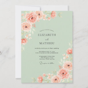 Invitación Boda Romántica de Primavera en Verde Menta y Meloc