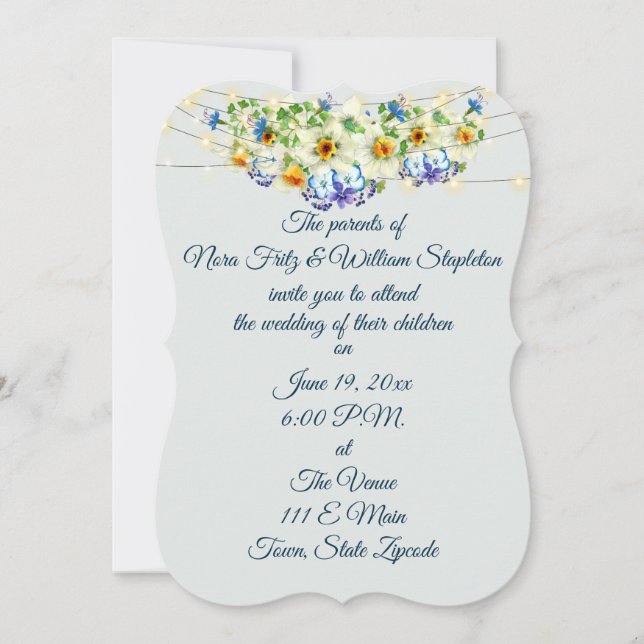 Invitación Boda romántica de primavera, flores y luces de had (Anverso)