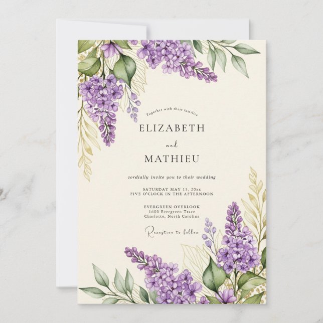 Invitación Boda Romántica de Primavera Lila (Anverso)