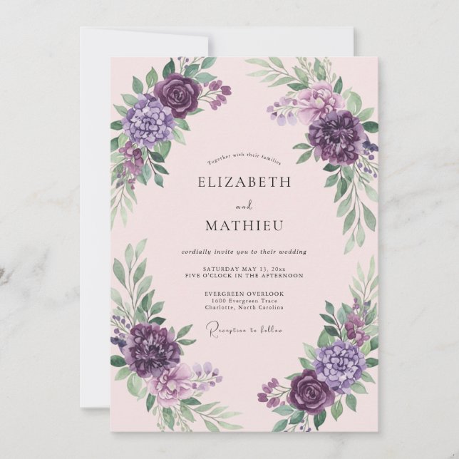 Invitación Boda Romántica de Primavera Morada (Anverso)