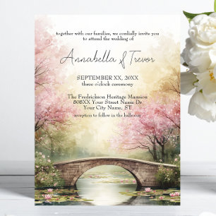 Invitación Boda romántica de puente y flores rosadas en acuar