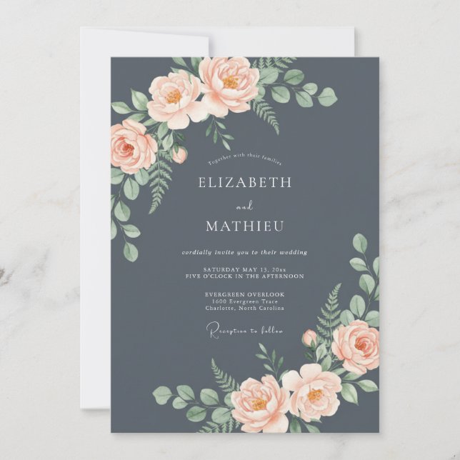 Invitación Boda Romántica de Rosa Gris Pizarra (Anverso)