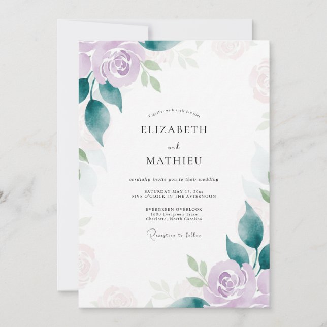Invitación Boda Romántica de Rosa Lila (Anverso)