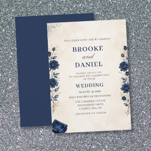 Invitación Boda Romántica de Rosa Navy con Borde de Tela y Br