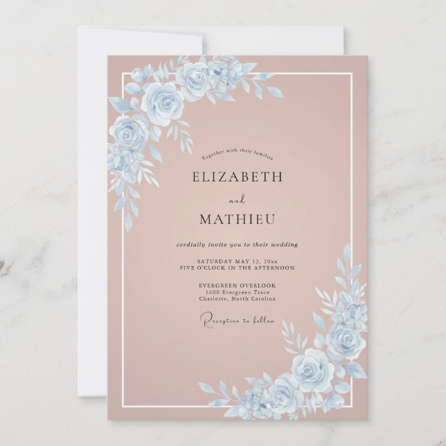 Invitación Boda Romántica de Rosa Polvorienta Azul (Anverso)