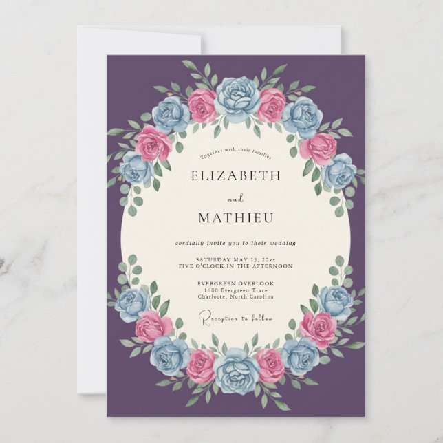 Invitación Boda Romántica de Rosa Púrpura (Anverso)