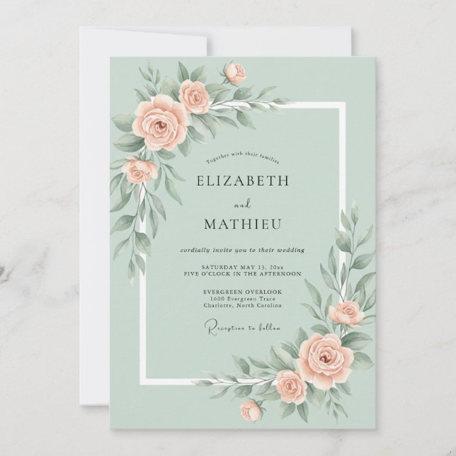 Invitación Boda Romántica de Rosa Verde Menta (Anverso)
