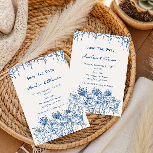 Invitación Boda Romántica de Verano en Azul Francés dibujada 