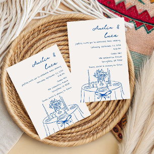 Invitación Boda Romántica de Verano en Azul Francés dibujada 