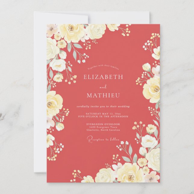 Invitación Boda Romántica de Verano en Coral (Anverso)