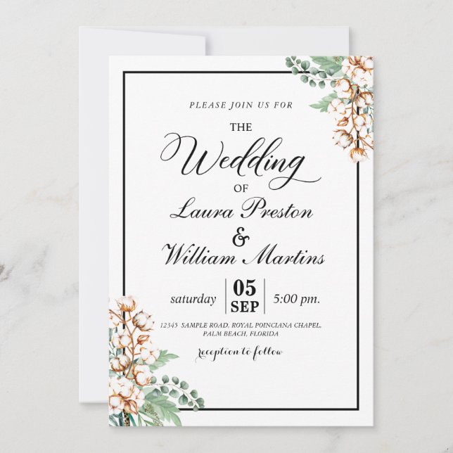 Invitación Boda romántica del algodón de Boho del verdor de (Anverso)