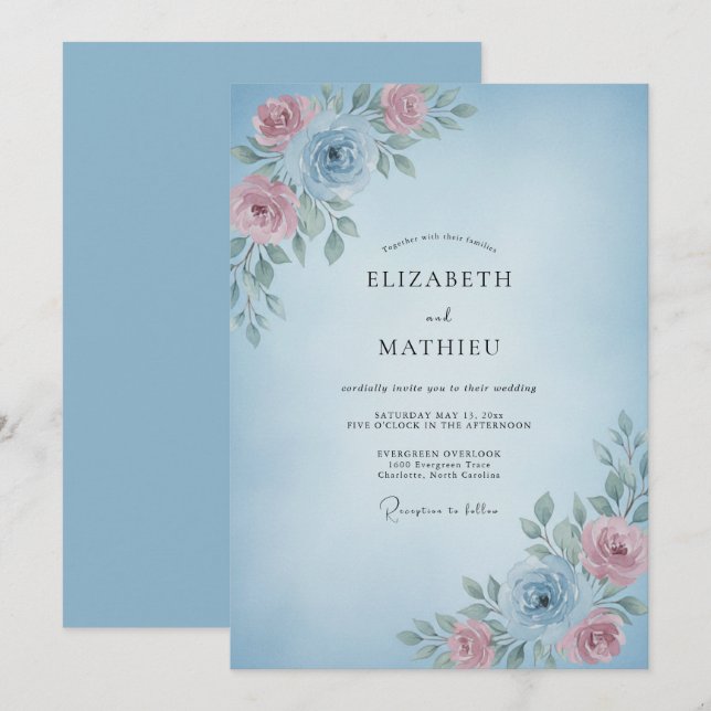 Invitación Boda Romántica Delicada de Azul Cielo (Anverso / Reverso)