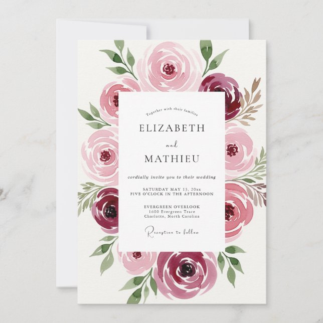 Invitación Boda Romántica Delicada Granate (Anverso)