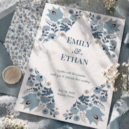Invitación Boda Romántica Elegante Floral Azul Polvo