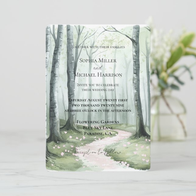 Invitación Boda romántica en bosque encantado (Anverso de pie)