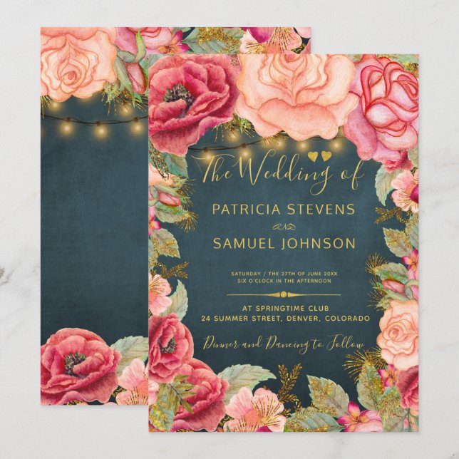 Invitación Boda romántica en el jardín de la marina rosa de R (Anverso / Reverso)