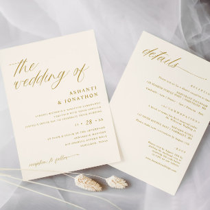 Invitación Boda Romántica en Oro Marfil Todo en Uno