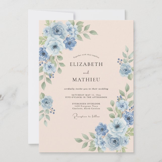 Invitación Boda Romántica Espléndida de Azul Celeste (Anverso)