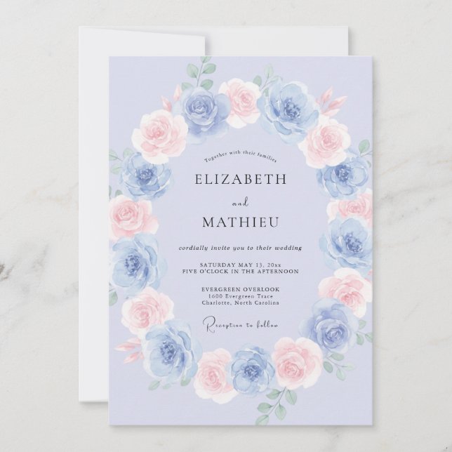 Invitación Boda Romántica Etérea de Azul Polvo (Anverso)