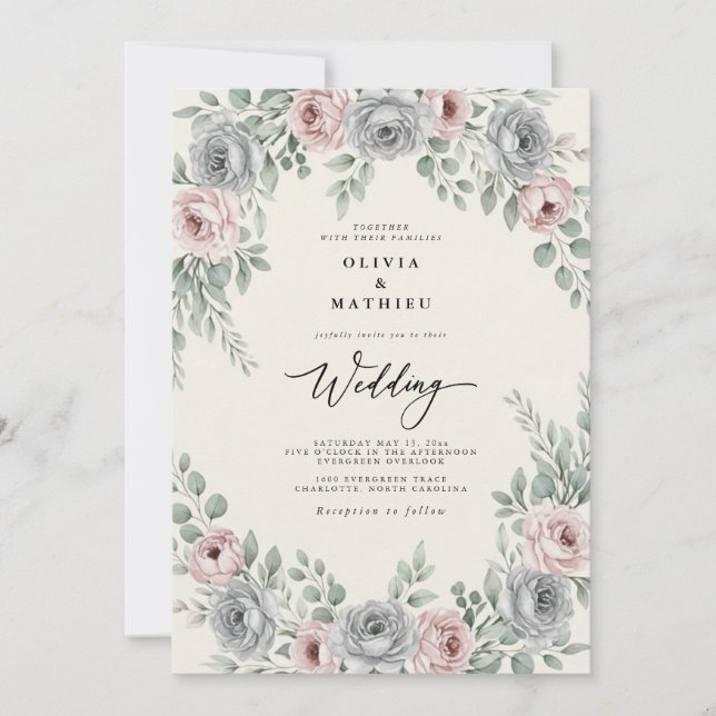 Invitación Boda Romántica Etérea de Azul Suave (Anverso)