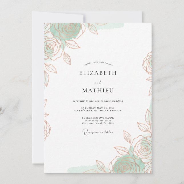 Invitación Boda Romántica Etérea Verde Menta (Anverso)