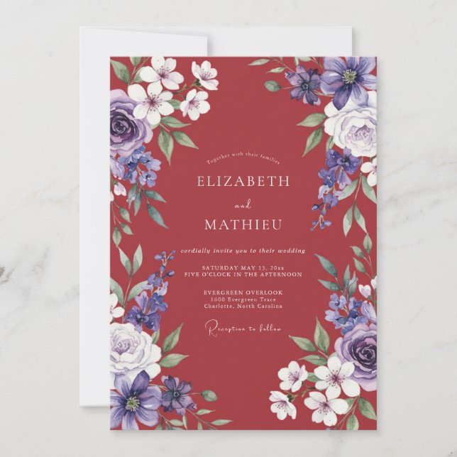 Invitación Boda romántica exuberante de arándano (Anverso)