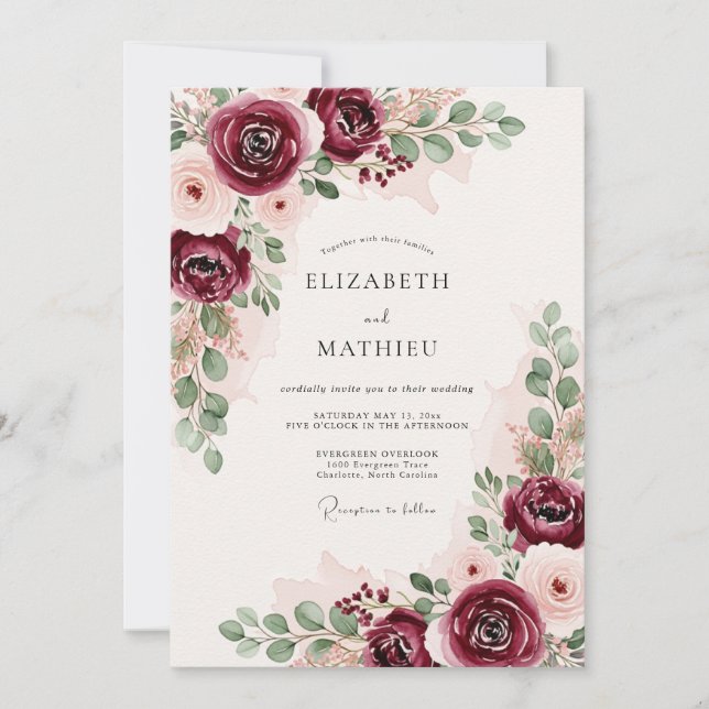 Invitación Boda Romántica Exuberante de Borgoña (Anverso)