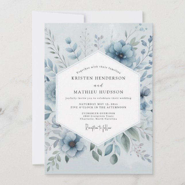 Invitación Boda Romántica Flor Azul (Anverso)