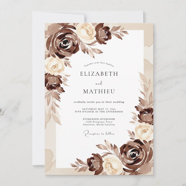 Invitación Boda Romántica Flor Brown (Anverso)