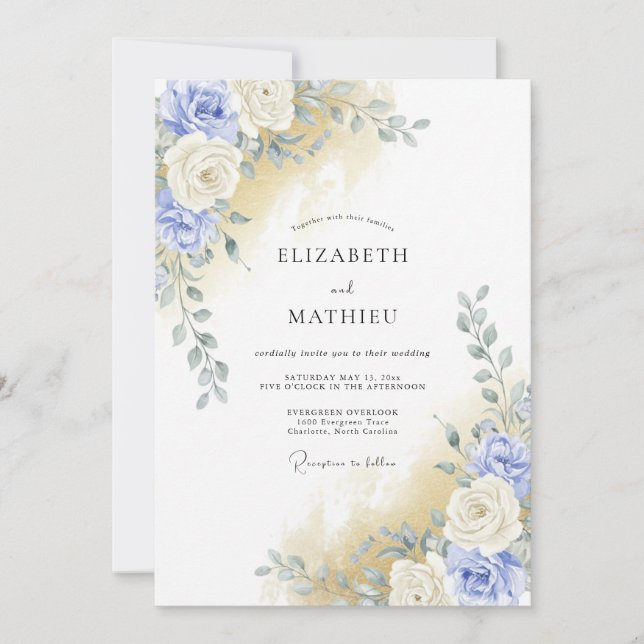 Invitación Boda Romántica Flor de Acuarela Azul (Anverso)
