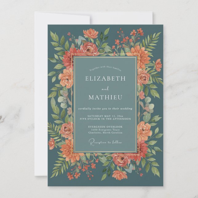 Invitación Boda Romántica Flor de Ámbar Teal (Anverso)