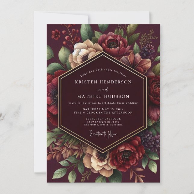Invitación Boda Romántica Flor de Borgoña (Anverso)