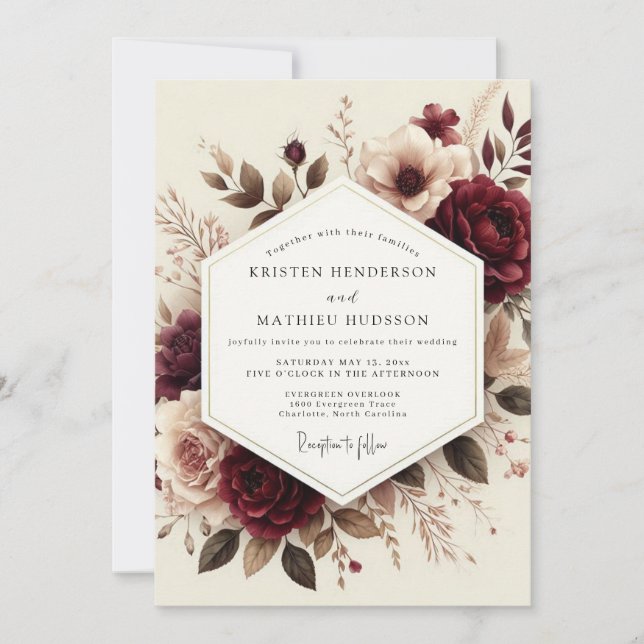 Invitación Boda Romántica Flor de Borgoña (Anverso)