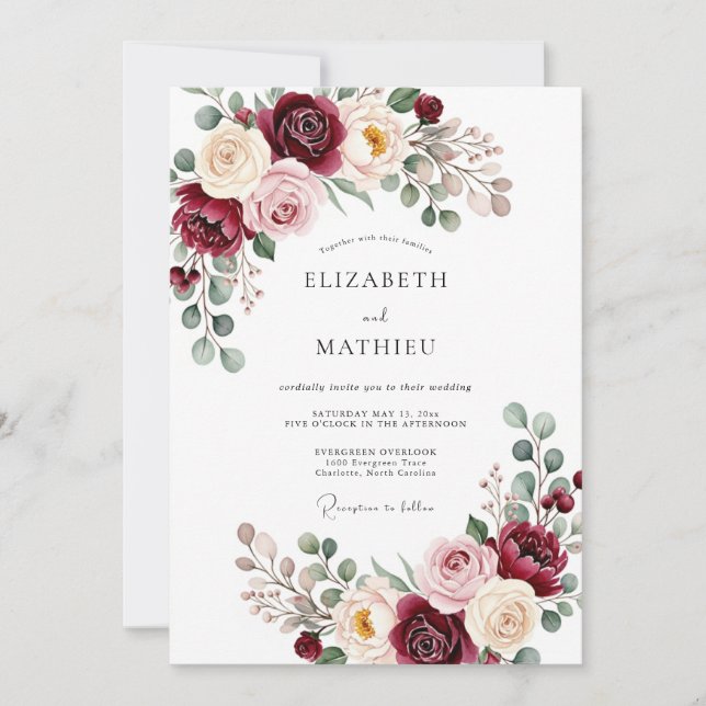 Invitación Boda Romántica Flor de Borgoña (Anverso)