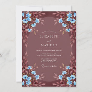 Invitación Boda Romántica Flor de Borgoña Azul