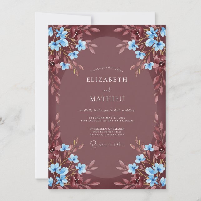 Invitación Boda Romántica Flor de Borgoña Azul (Anverso)