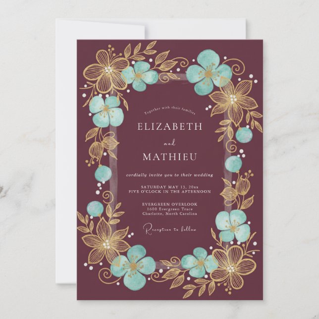 Invitación Boda Romántica Flor de Borgoña Dorada (Anverso)